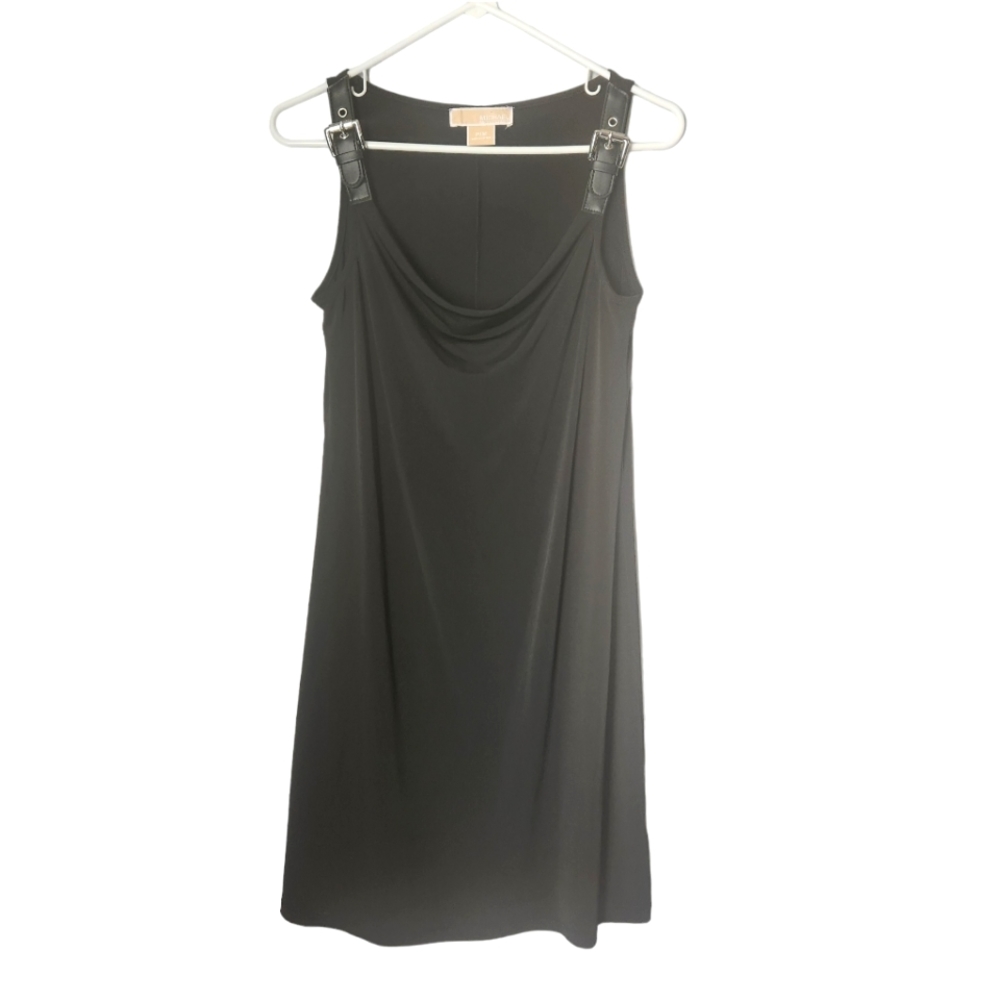 Michael Kors double faux leather buckle, cowl neck black dress. Sz Petite M.